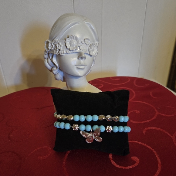 Blossom Jewelry - Beaded Turquoise Stretch Bracelet Set With Silver Butterfly Accent